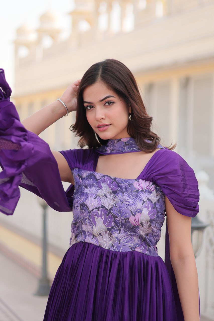 Appealing Chinon Position Printed Fully Stitched Gown With Dupatta - INDIAN ELEGANCE