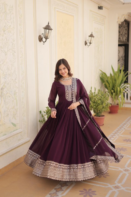 Enchanting Faux Georgette Fully Stitched Designer Gown With Dupatta - INDIAN ELEGANCE