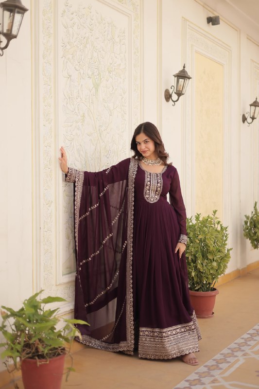 Enchanting Faux Georgette Fully Stitched Designer Gown With Dupatta - INDIAN ELEGANCE