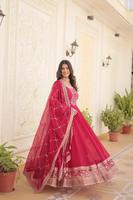 Enchanting Faux Georgette Fully Stitched Designer Gown With Dupatta - INDIAN ELEGANCE