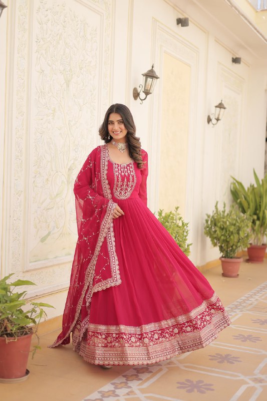 Enchanting Faux Georgette Fully Stitched Designer Gown With Dupatta - INDIAN ELEGANCE