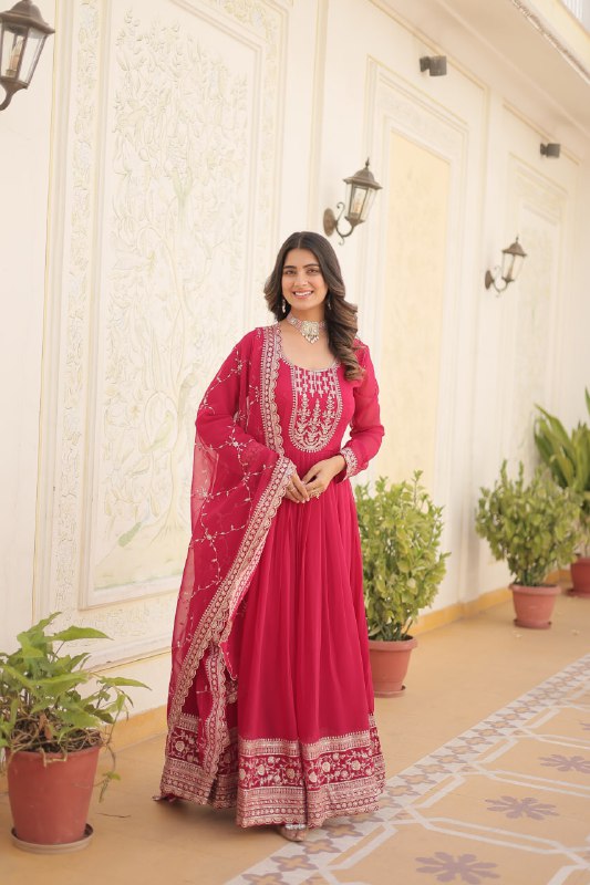 Enchanting Faux Georgette Fully Stitched Designer Gown With Dupatta - INDIAN ELEGANCE