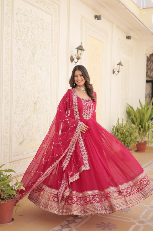 Enchanting Faux Georgette Fully Stitched Designer Gown With Dupatta - INDIAN ELEGANCE