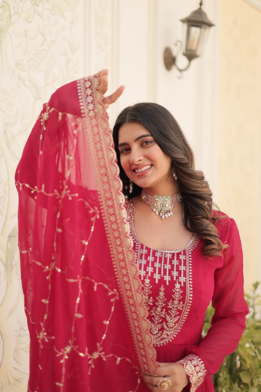 Enchanting Faux Georgette Fully Stitched Designer Gown With Dupatta - INDIAN ELEGANCE