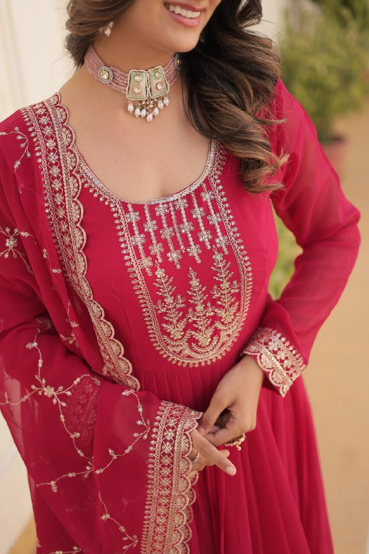 Enchanting Faux Georgette Fully Stitched Designer Gown With Dupatta - INDIAN ELEGANCE