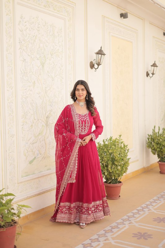Enchanting Faux Georgette Fully Stitched Designer Gown With Dupatta - INDIAN ELEGANCE