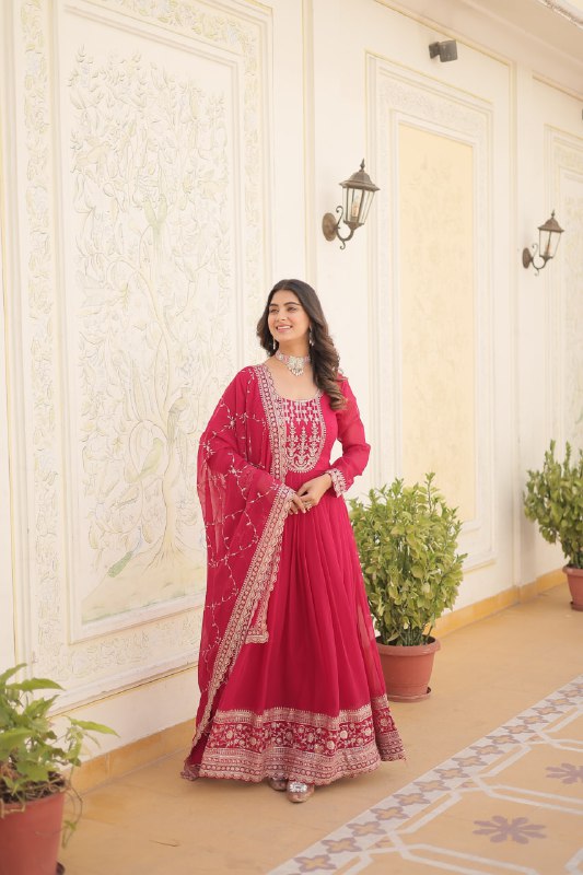 Enchanting Faux Georgette Fully Stitched Designer Gown With Dupatta - INDIAN ELEGANCE