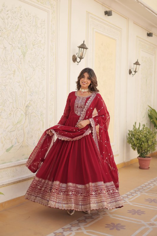 Enchanting Faux Georgette Fully Stitched Designer Gown With Dupatta - INDIAN ELEGANCE