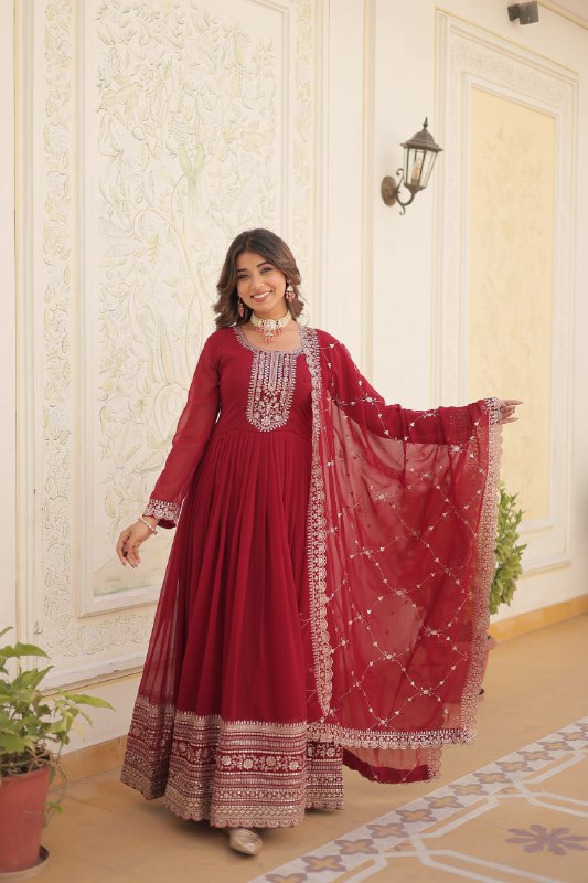 Enchanting Faux Georgette Fully Stitched Designer Gown With Dupatta - INDIAN ELEGANCE