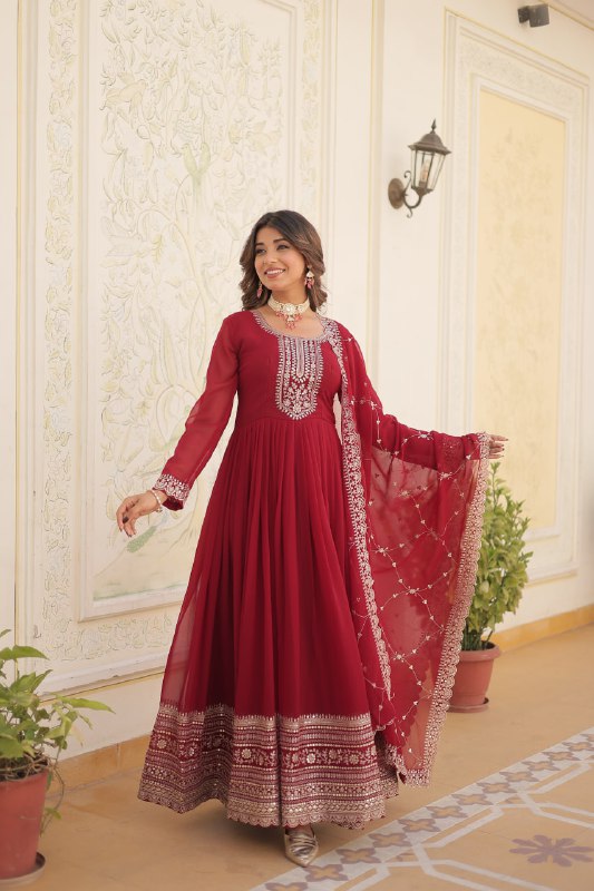 Enchanting Faux Georgette Fully Stitched Designer Gown With Dupatta - INDIAN ELEGANCE