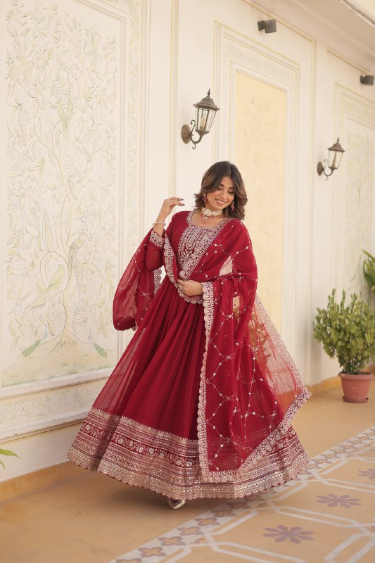 Enchanting Faux Georgette Fully Stitched Designer Gown With Dupatta - INDIAN ELEGANCE