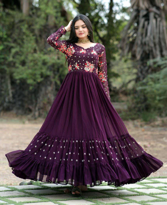 Prepossessing Wine Faux Georgette Sequins Worked Designer Gown - INDIAN ELEGANCE