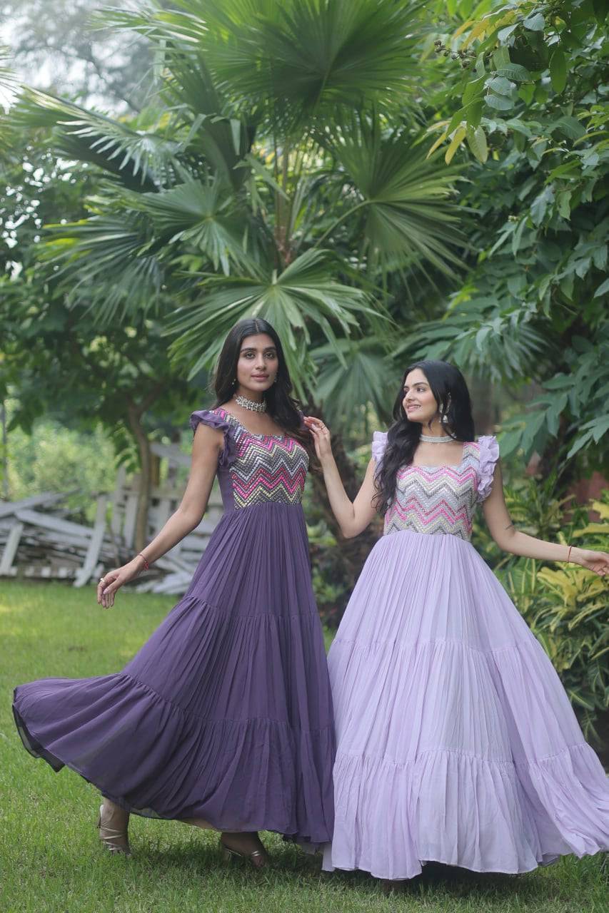 Loveable Faux Georgette Sequins Embroidered Fully Stitched Gown - INDIAN ELEGANCE