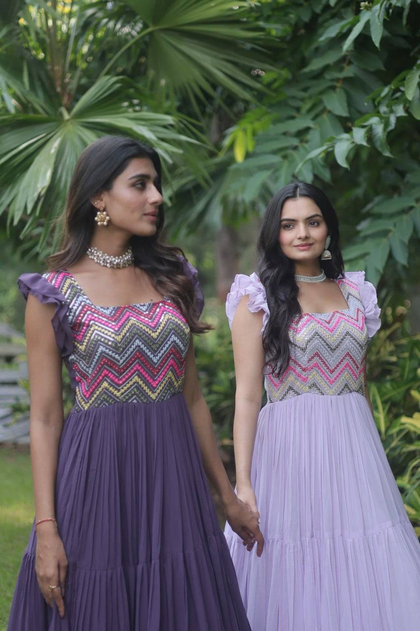 Loveable Faux Georgette Sequins Embroidered Fully Stitched Gown - INDIAN ELEGANCE