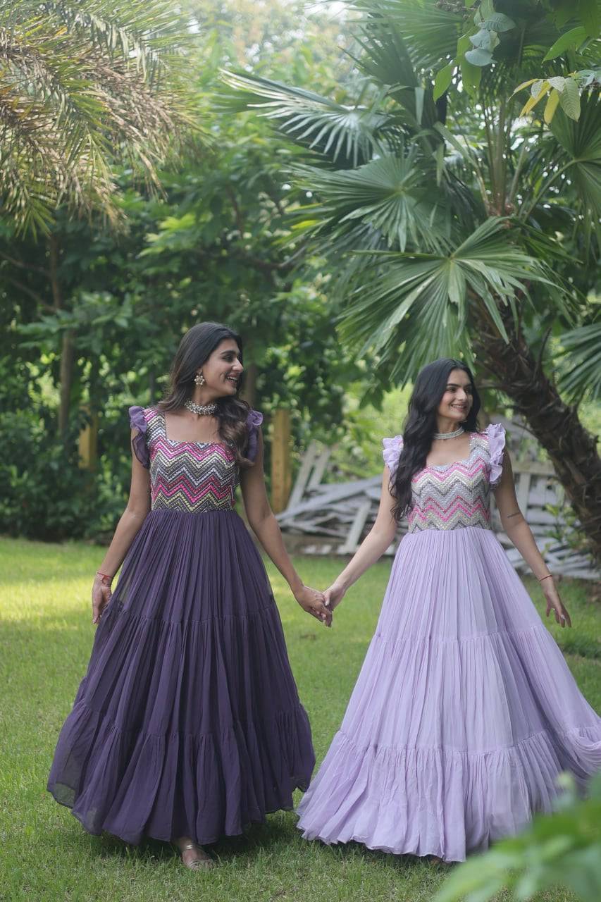 Loveable Faux Georgette Sequins Embroidered Fully Stitched Gown - INDIAN ELEGANCE