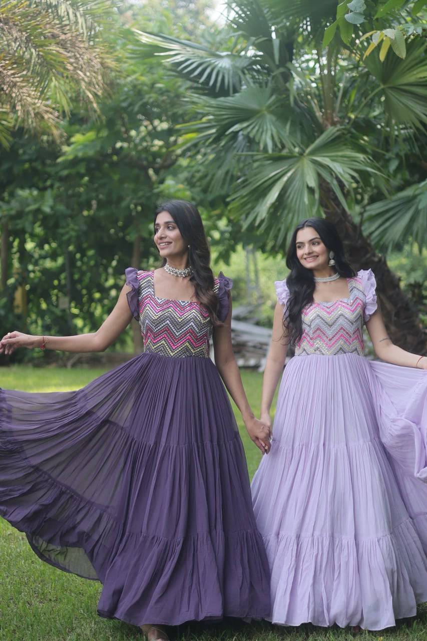 Loveable Faux Georgette Sequins Embroidered Fully Stitched Gown - INDIAN ELEGANCE