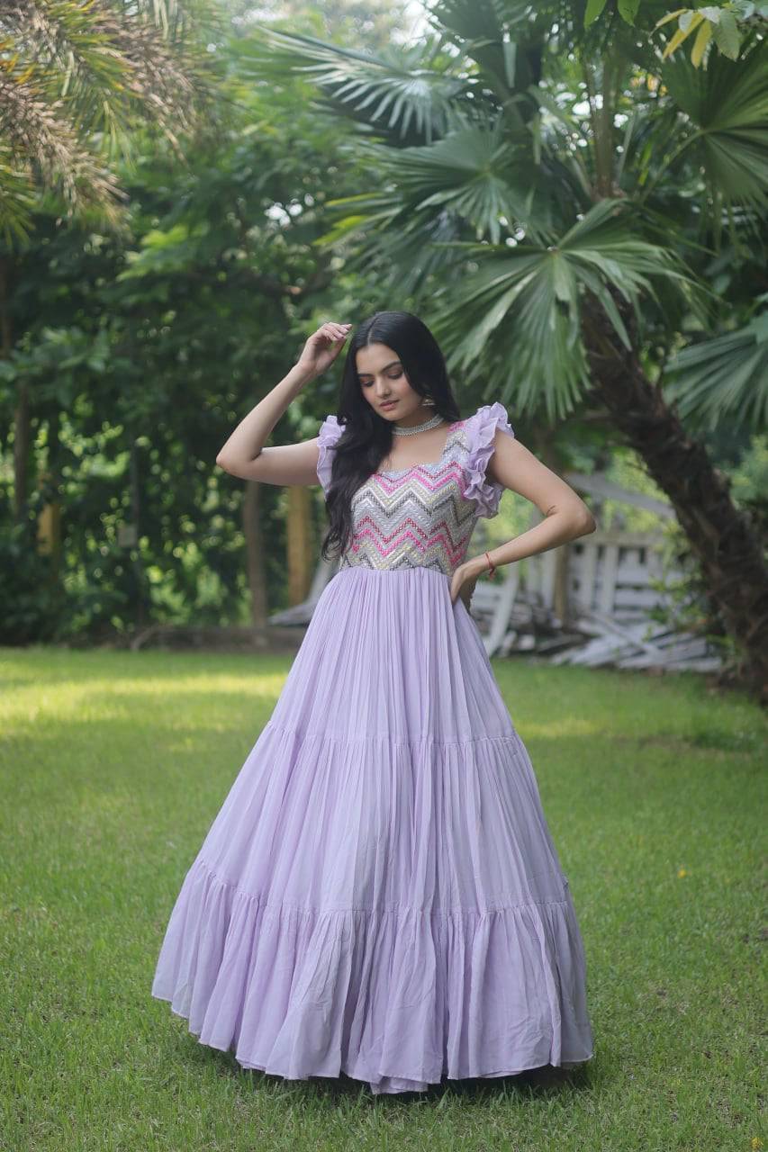 Loveable Faux Georgette Sequins Embroidered Fully Stitched Gown - INDIAN ELEGANCE