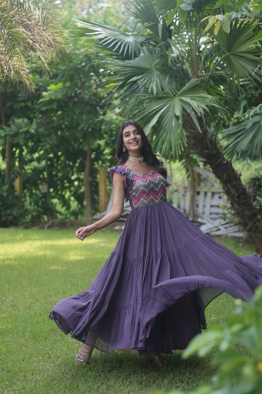 Loveable Faux Georgette Sequins Embroidered Fully Stitched Gown - INDIAN ELEGANCE