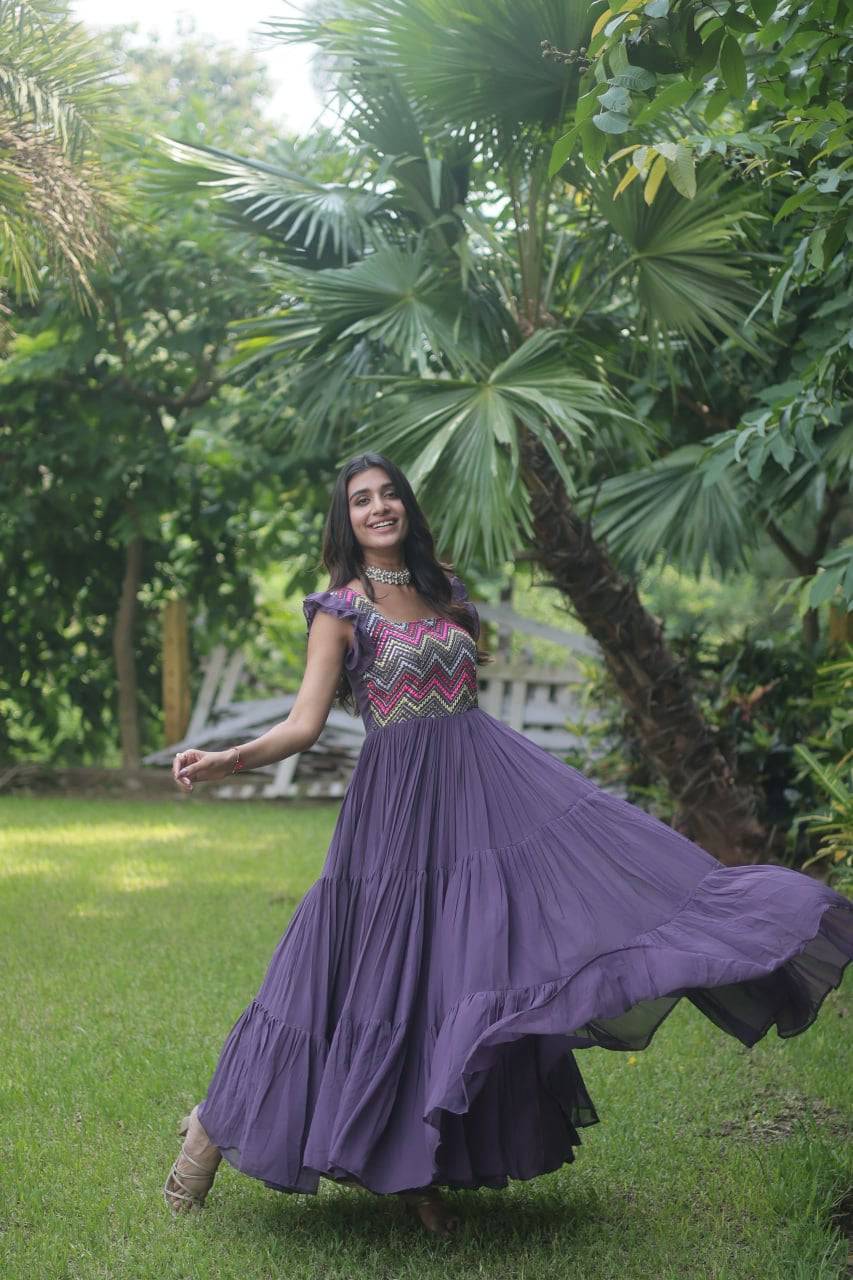 Loveable Faux Georgette Sequins Embroidered Fully Stitched Gown - INDIAN ELEGANCE