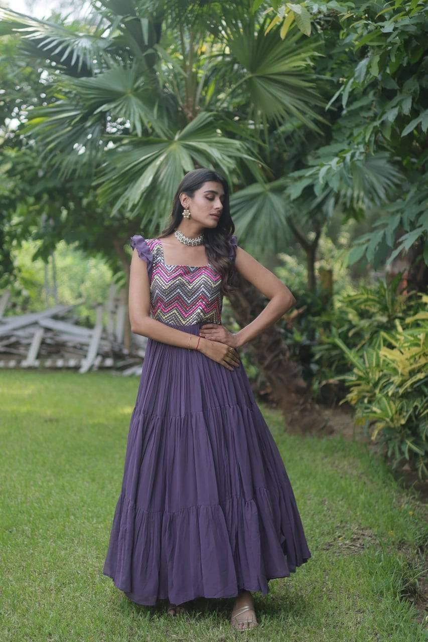 Loveable Faux Georgette Sequins Embroidered Fully Stitched Gown - INDIAN ELEGANCE