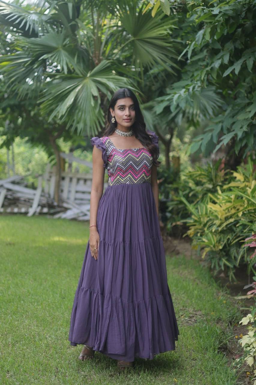 Loveable Faux Georgette Sequins Embroidered Fully Stitched Gown - INDIAN ELEGANCE