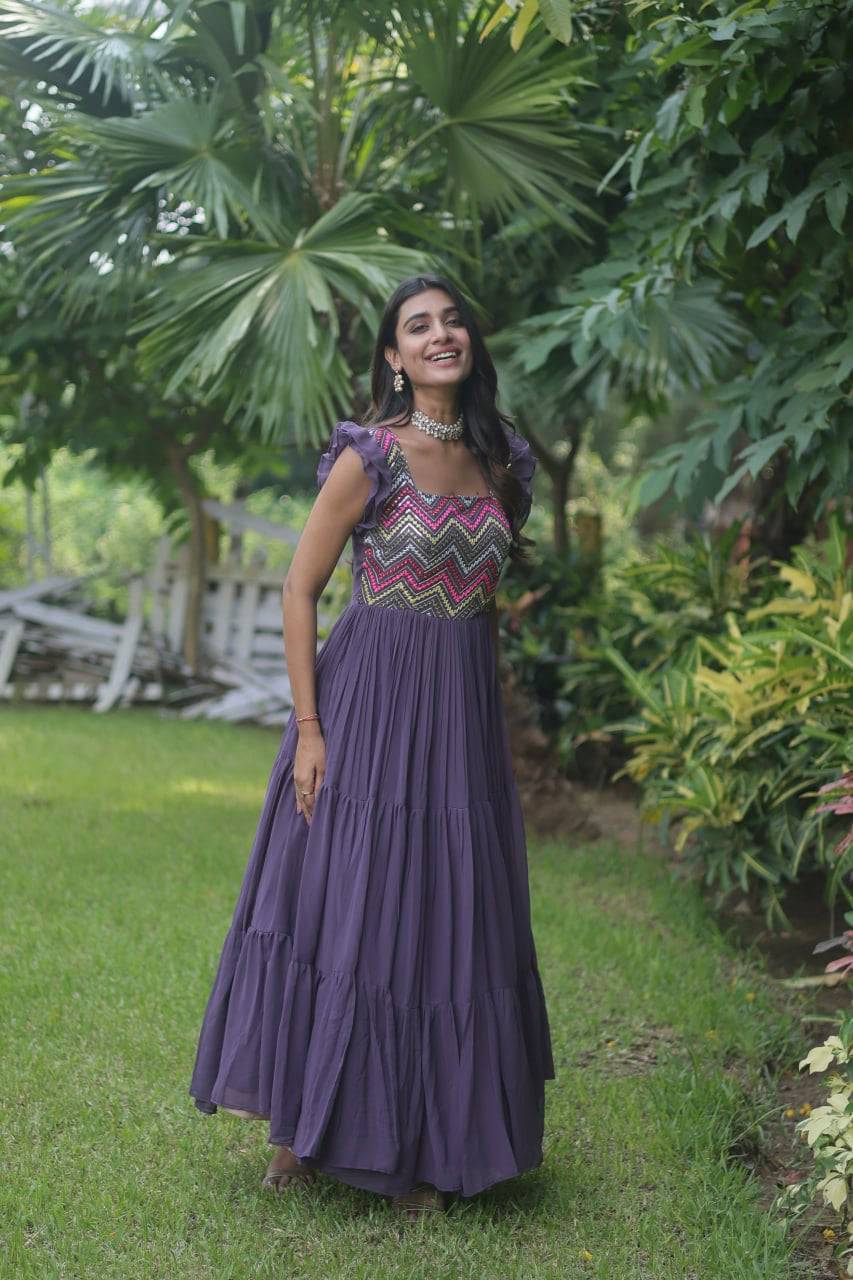 Loveable Faux Georgette Sequins Embroidered Fully Stitched Gown - INDIAN ELEGANCE