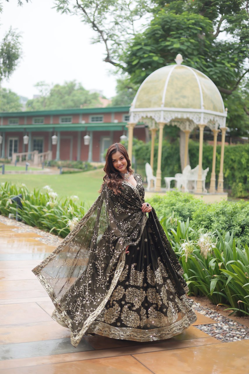 Luminous Mehendi Green Sequins Embroidered Designer Lehenga Choli - INDIAN ELEGANCE
