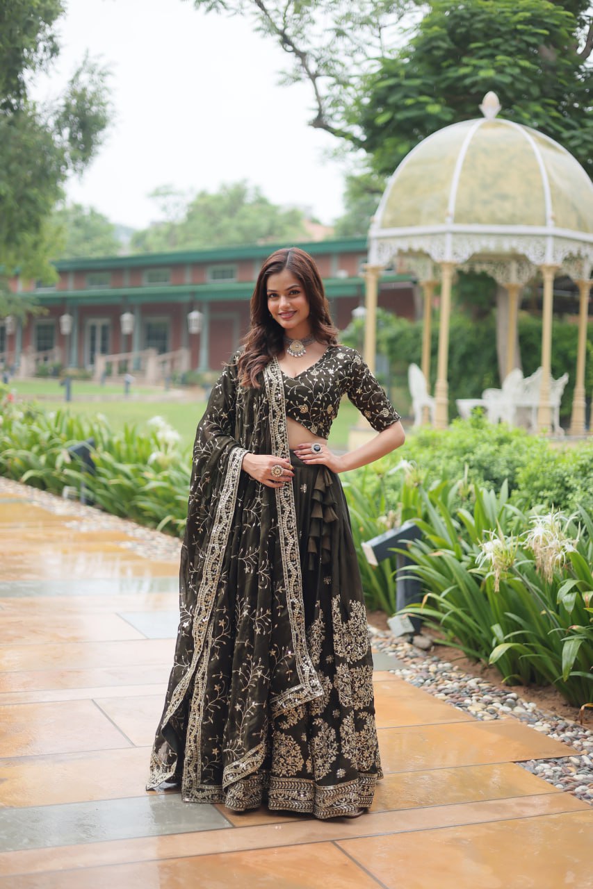 Luminous Mehendi Green Sequins Embroidered Designer Lehenga Choli - INDIAN ELEGANCE