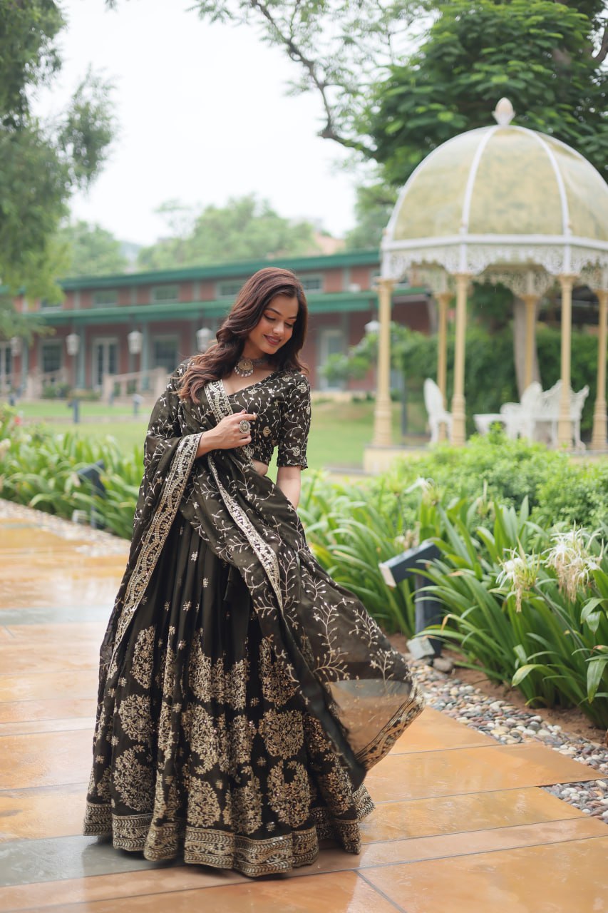 Luminous Mehendi Green Sequins Embroidered Designer Lehenga Choli - INDIAN ELEGANCE