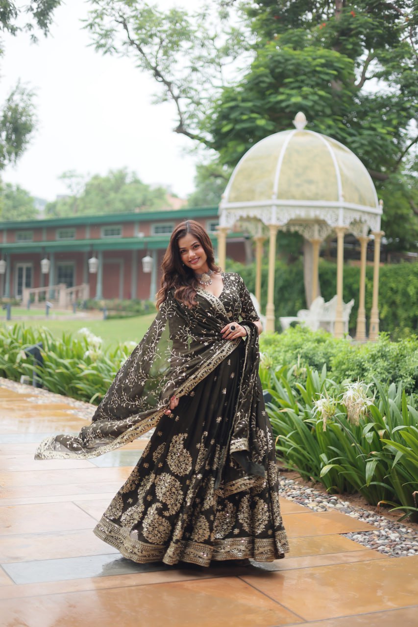 Luminous Mehendi Green Sequins Embroidered Designer Lehenga Choli - INDIAN ELEGANCE