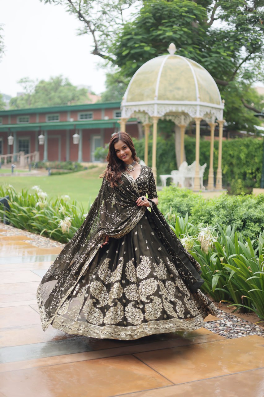 Luminous Mehendi Green Sequins Embroidered Designer Lehenga Choli - INDIAN ELEGANCE