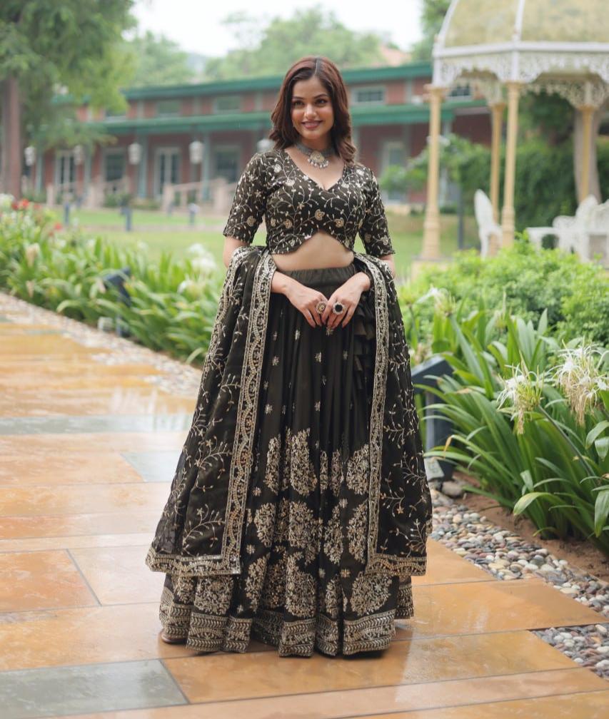 Luminous Mehendi Green Sequins Embroidered Designer Lehenga Choli - INDIAN ELEGANCE