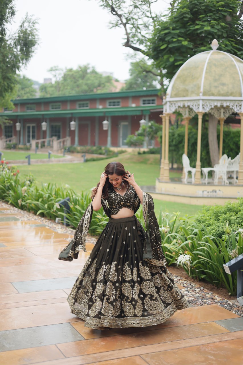 Luminous Mehendi Green Sequins Embroidered Designer Lehenga Choli - INDIAN ELEGANCE