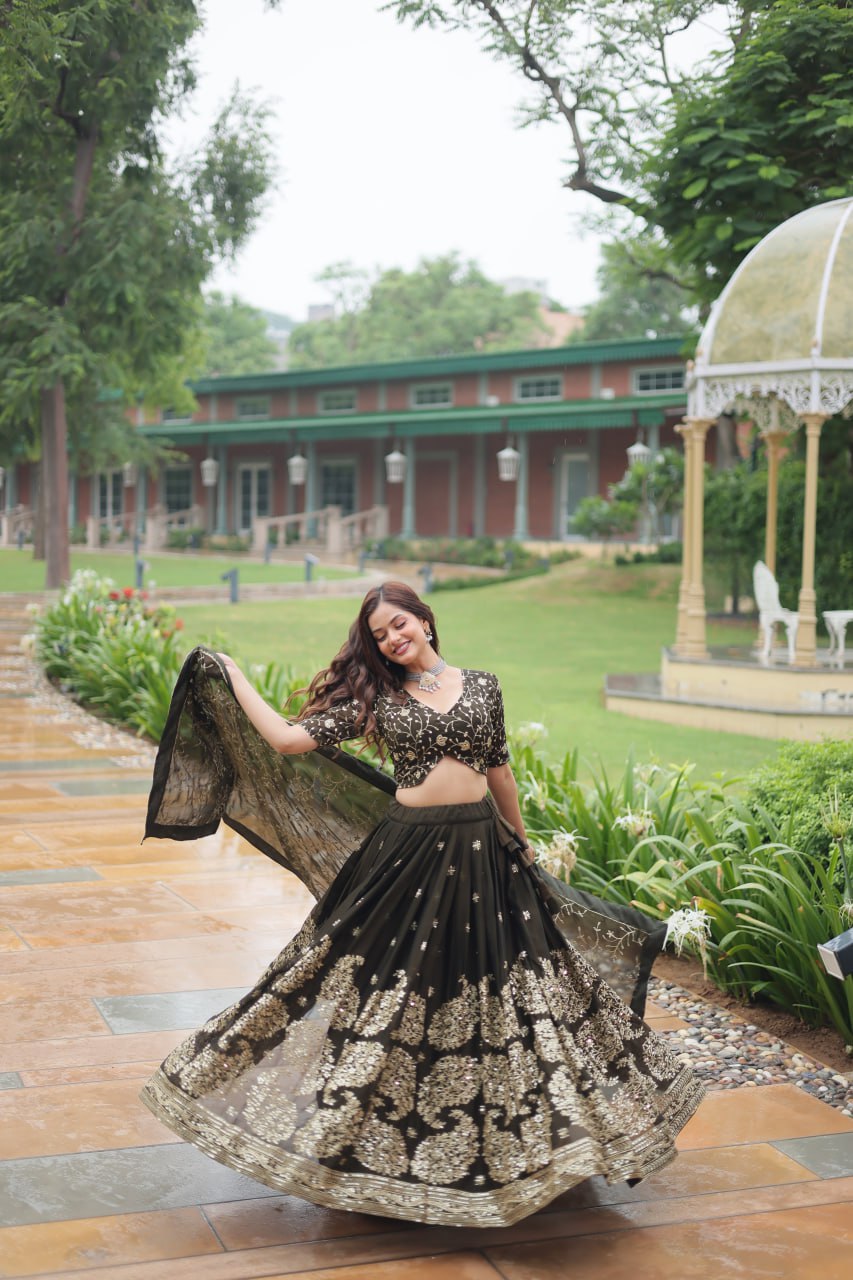 Luminous Mehendi Green Sequins Embroidered Designer Lehenga Choli - INDIAN ELEGANCE