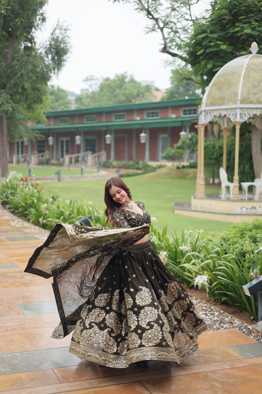 Luminous Mehendi Green Sequins Embroidered Designer Lehenga Choli - INDIAN ELEGANCE