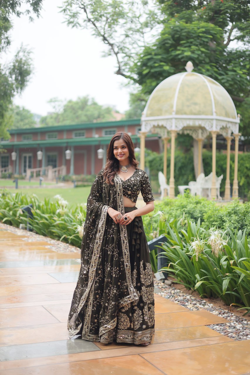 Luminous Mehendi Green Sequins Embroidered Designer Lehenga Choli - INDIAN ELEGANCE