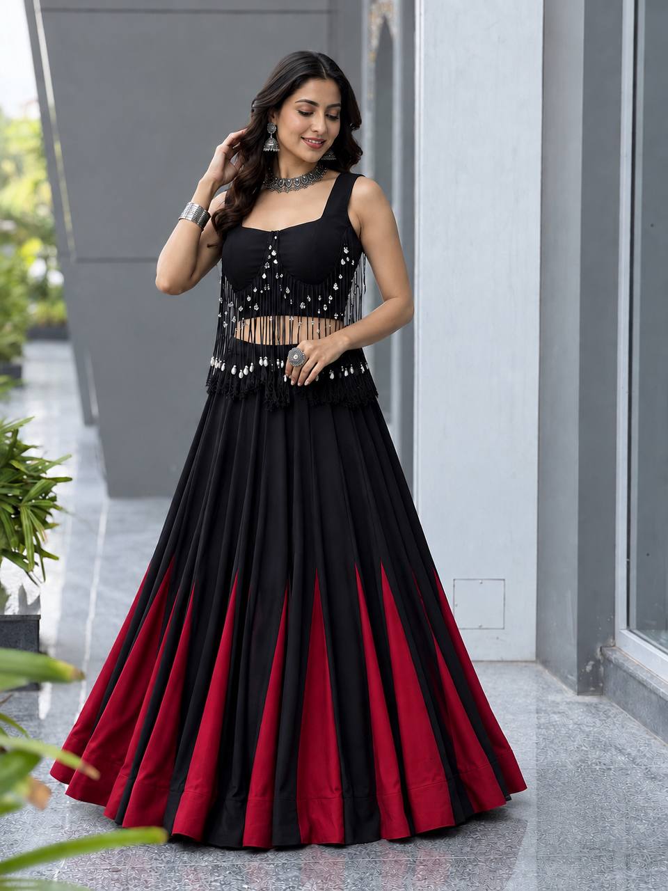 Black & Red Cotton Lehenga Choli for Women | 8 Meter Flared Designer Lehenga with Padded Blouse