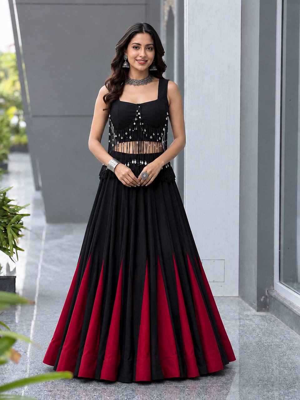 Black & Red Cotton Lehenga Choli for Women | 8 Meter Flared Designer Lehenga with Padded Blouse