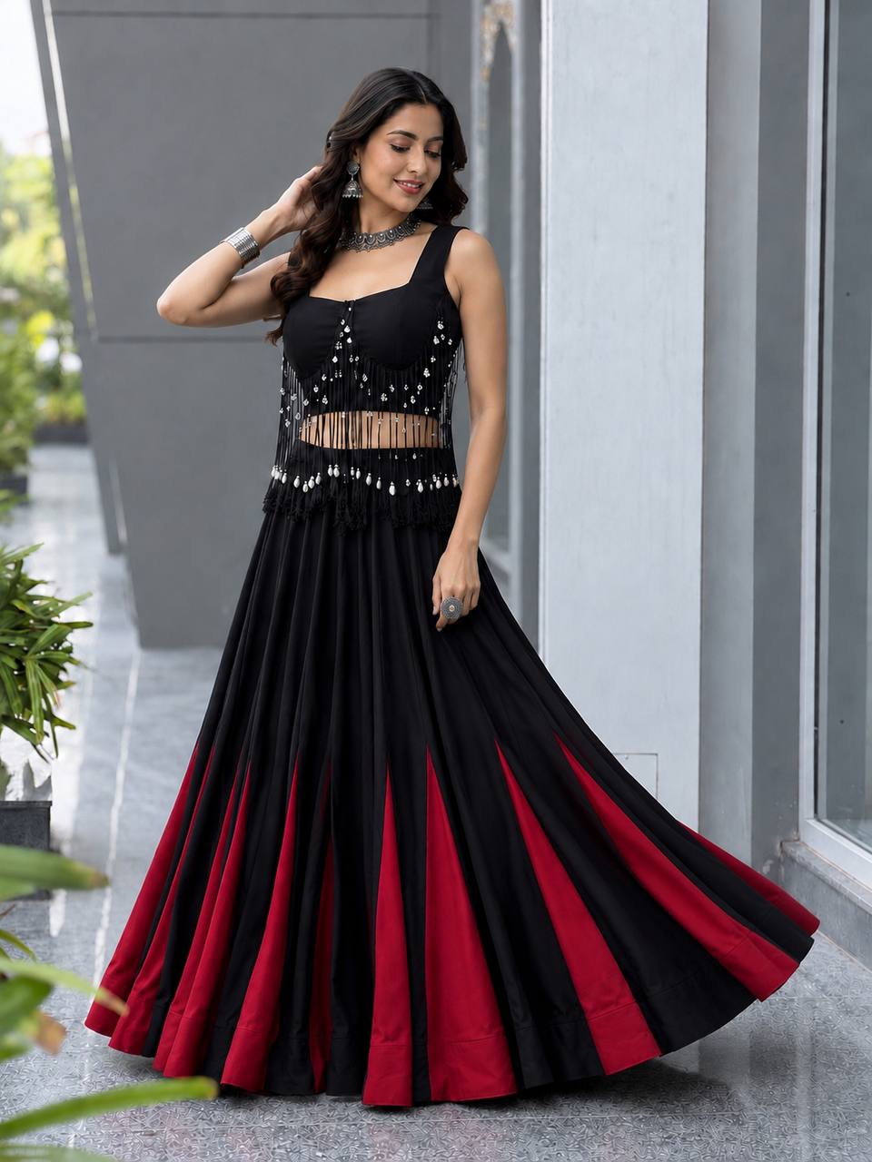 Black & Red Cotton Lehenga Choli for Women | 8 Meter Flared Designer Lehenga with Padded Blouse