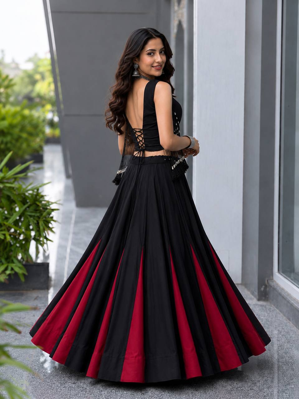 Black & Red Cotton Lehenga Choli for Women | 8 Meter Flared Designer Lehenga with Padded Blouse
