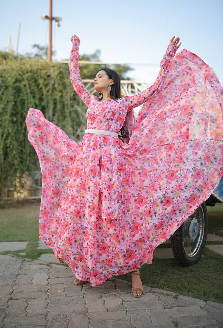 Romantic Pink Floral Digital Printed Fully Stitched Gown - INDIAN ELEGANCE