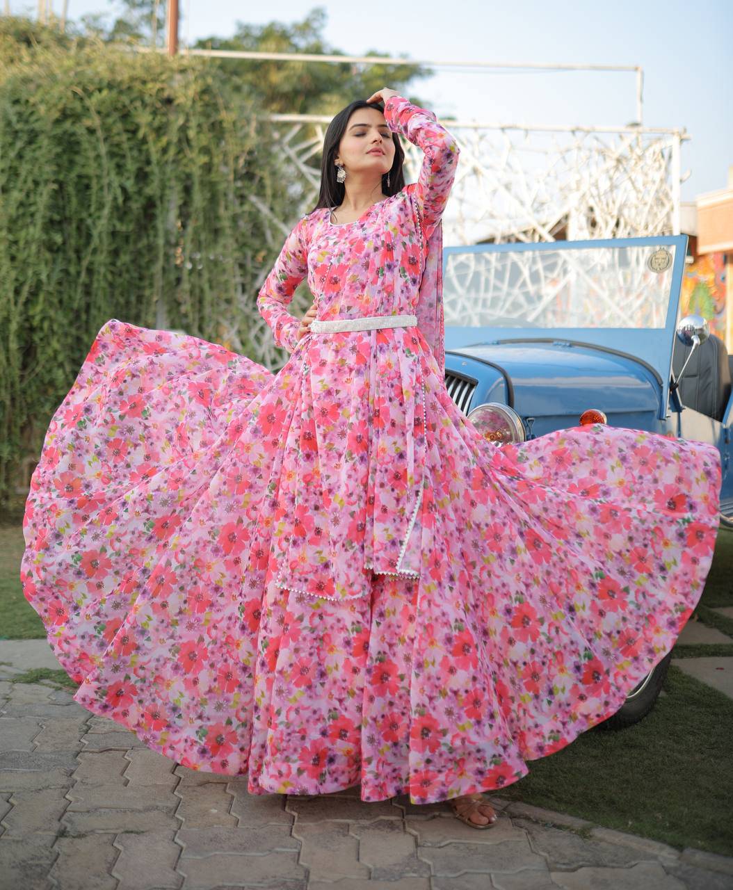 Romantic Pink Floral Digital Printed Fully Stitched Gown - INDIAN ELEGANCE