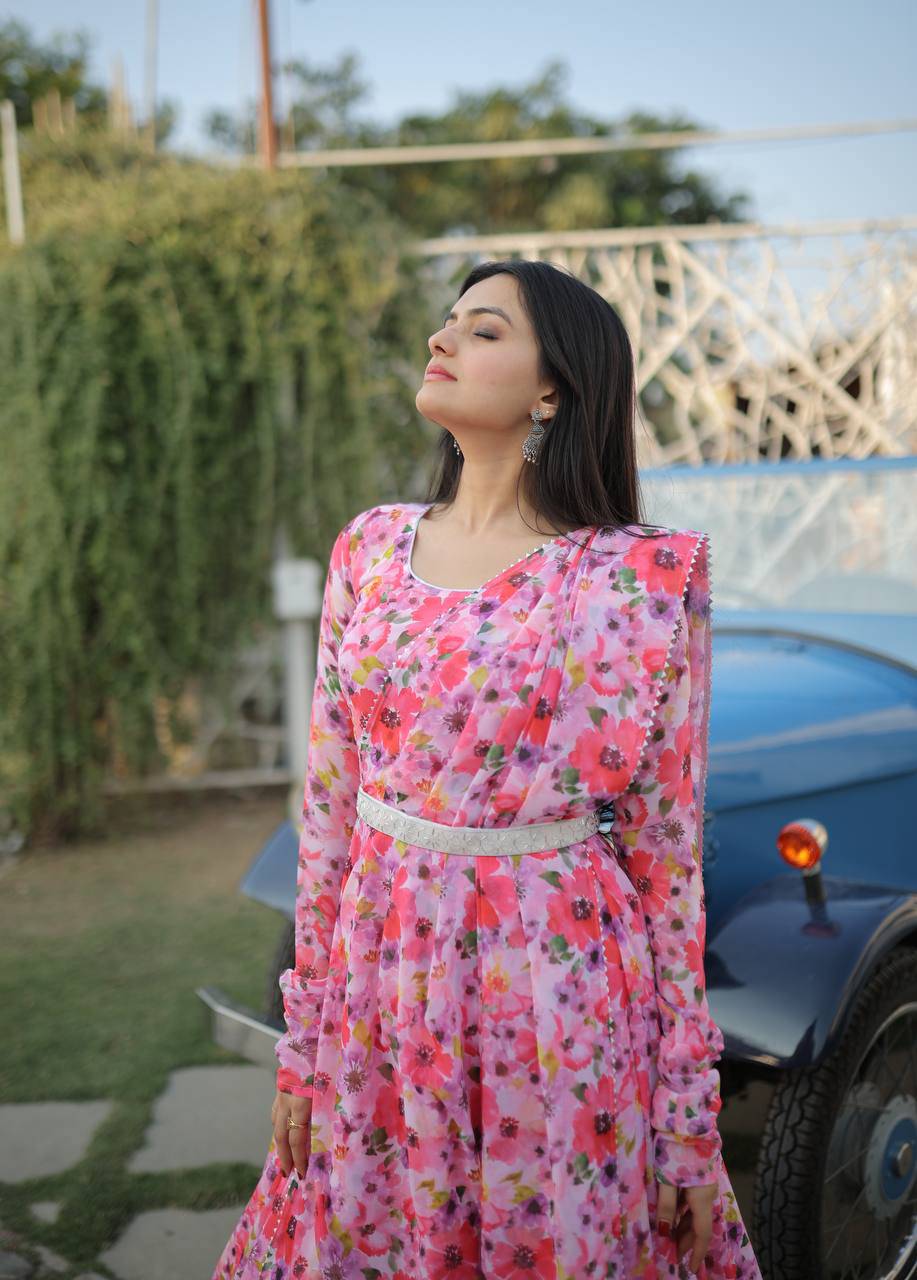 Romantic Pink Floral Digital Printed Fully Stitched Gown - INDIAN ELEGANCE