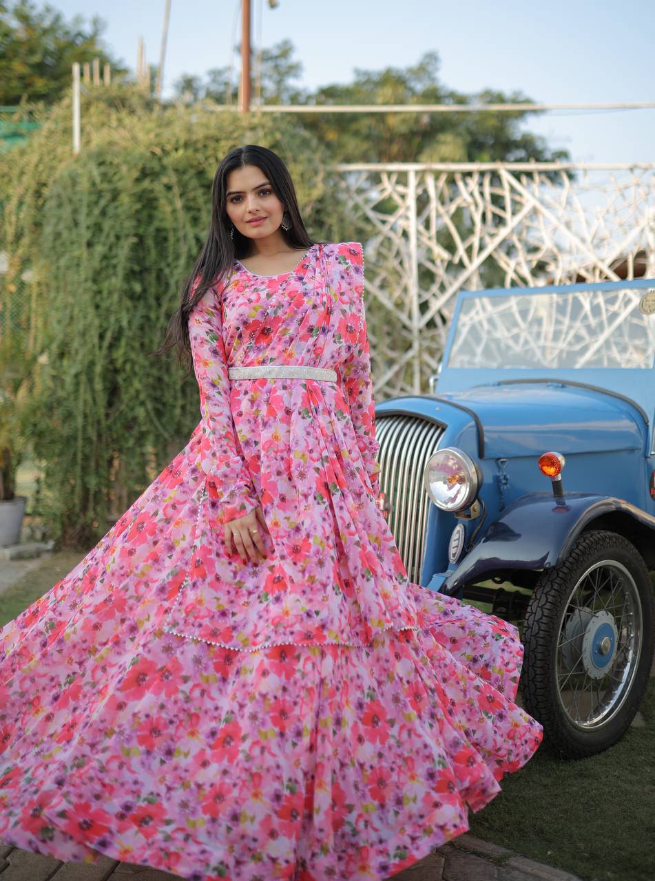 Romantic Pink Floral Digital Printed Fully Stitched Gown - INDIAN ELEGANCE