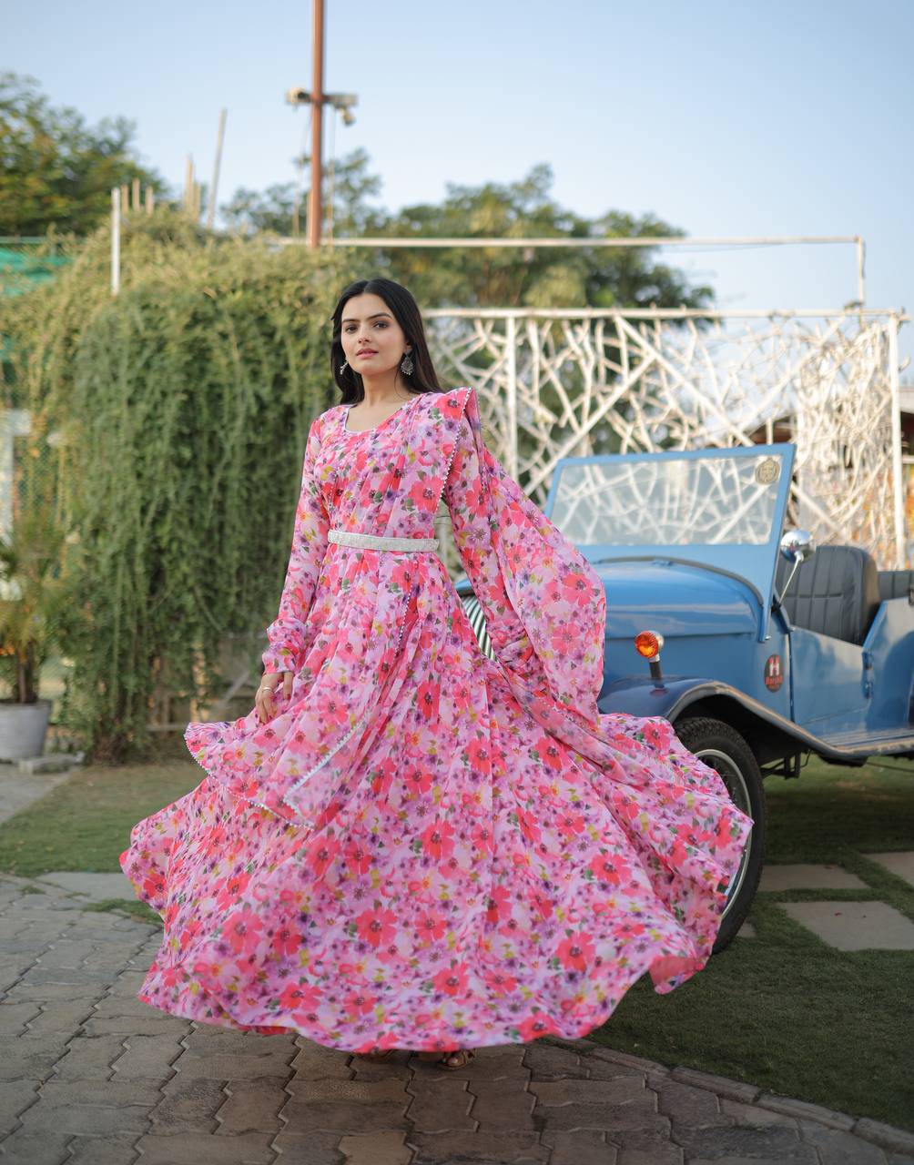 Romantic Pink Floral Digital Printed Fully Stitched Gown - INDIAN ELEGANCE