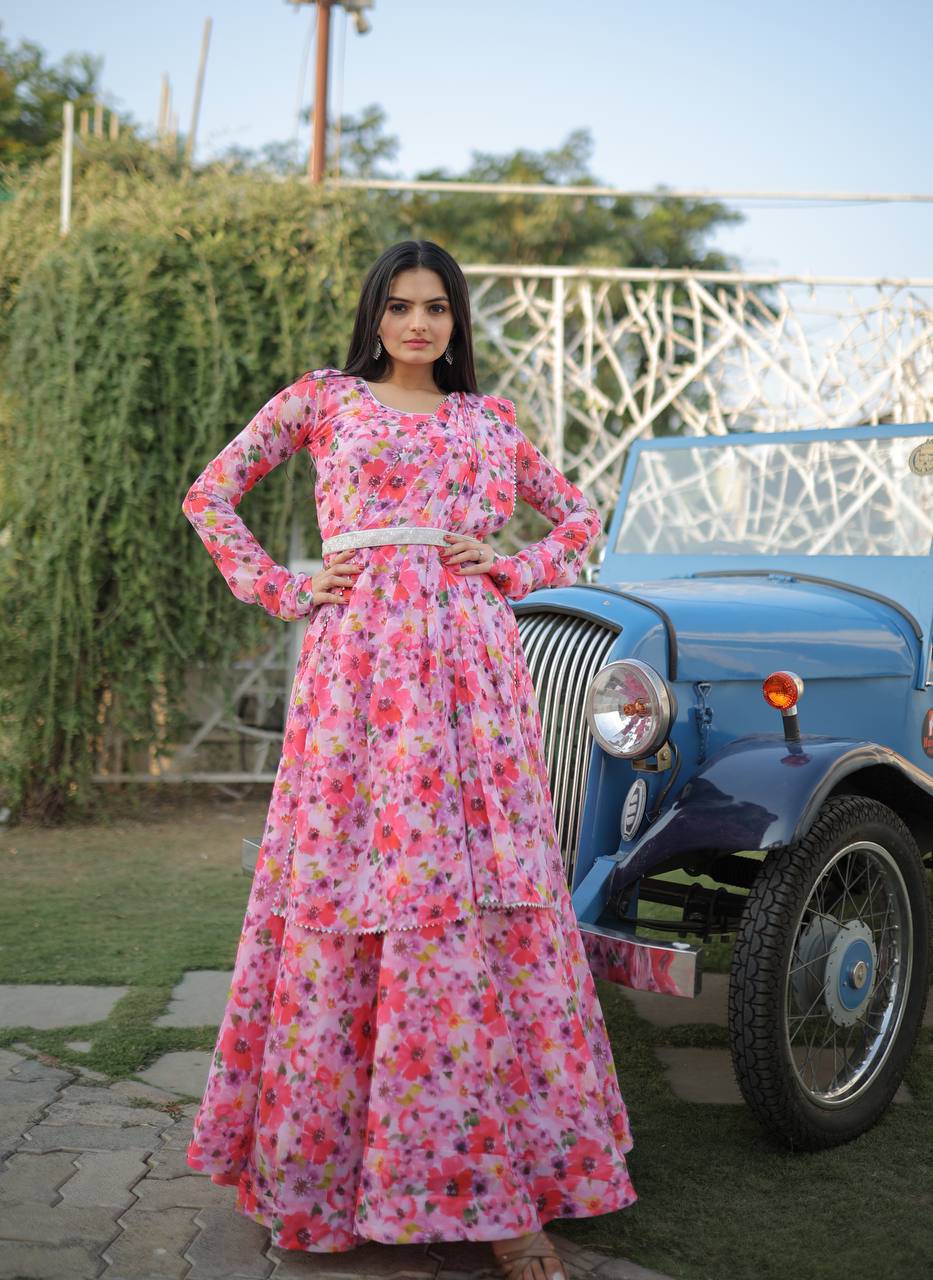 Romantic Pink Floral Digital Printed Fully Stitched Gown - INDIAN ELEGANCE