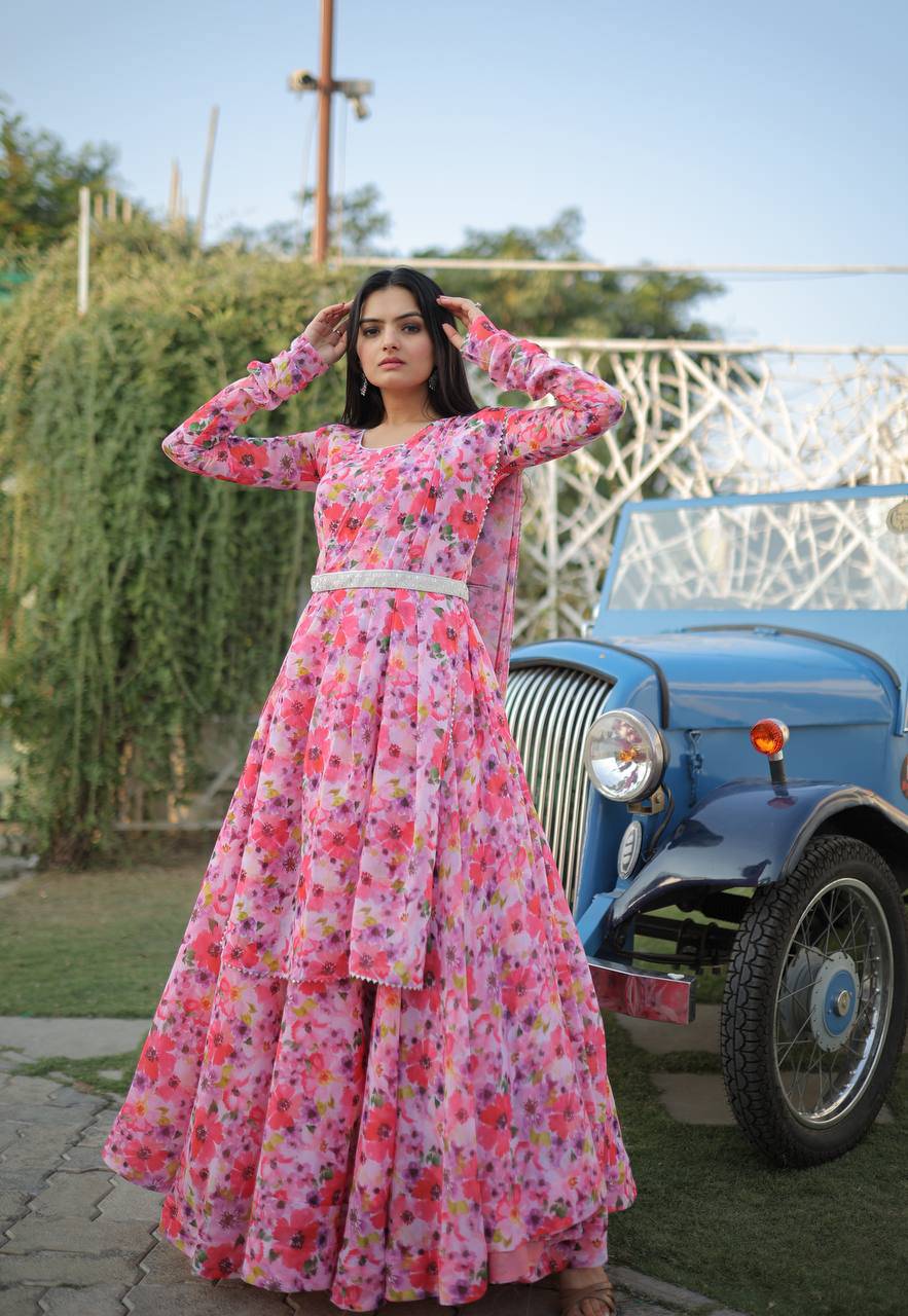 Romantic Pink Floral Digital Printed Fully Stitched Gown - INDIAN ELEGANCE