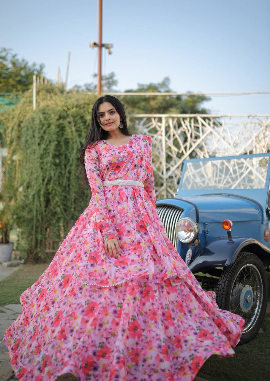 Romantic Pink Floral Digital Printed Fully Stitched Gown - INDIAN ELEGANCE