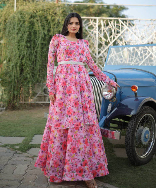 Romantic Pink Floral Digital Printed Fully Stitched Gown - INDIAN ELEGANCE