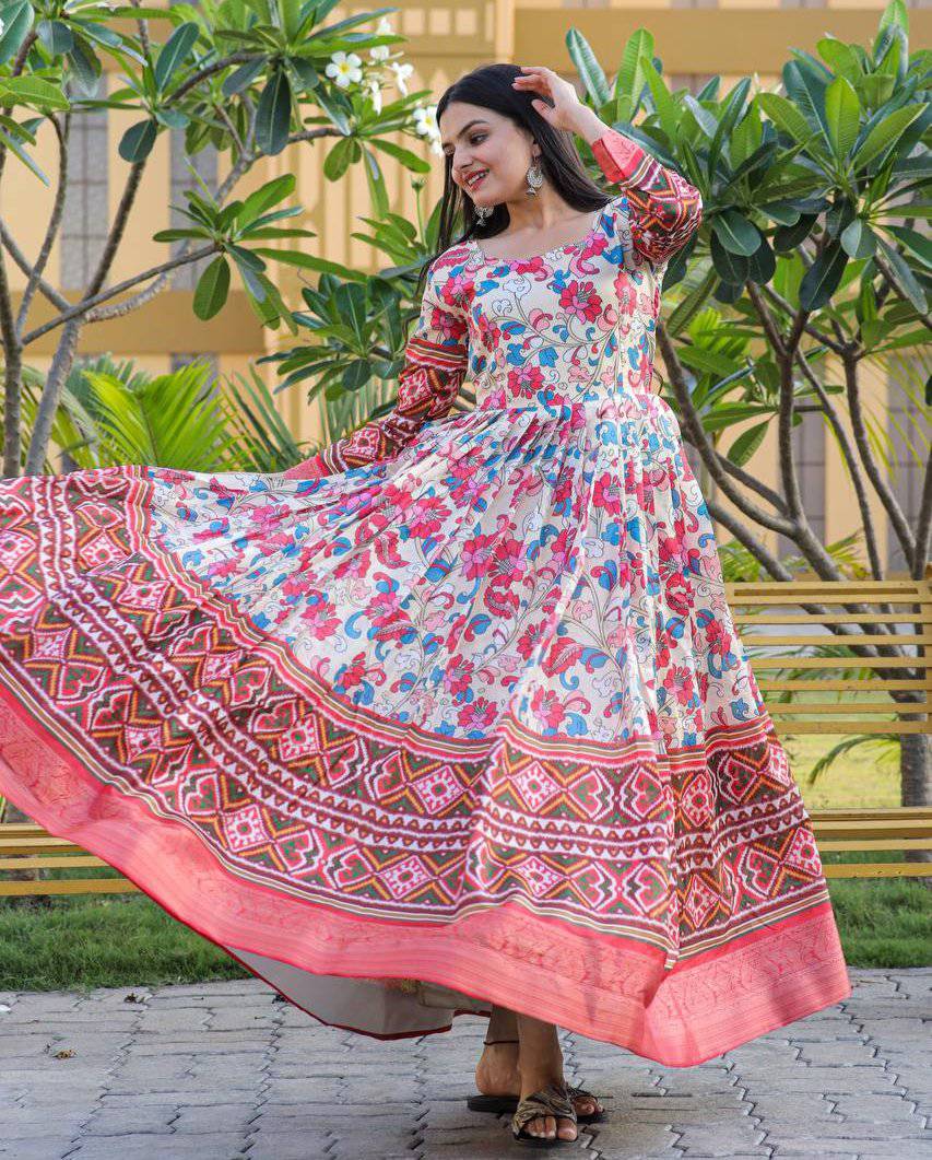 Hypnotic Banarasi Silk Kalamkari Printed Stitched Designer Gown - INDIAN ELEGANCE